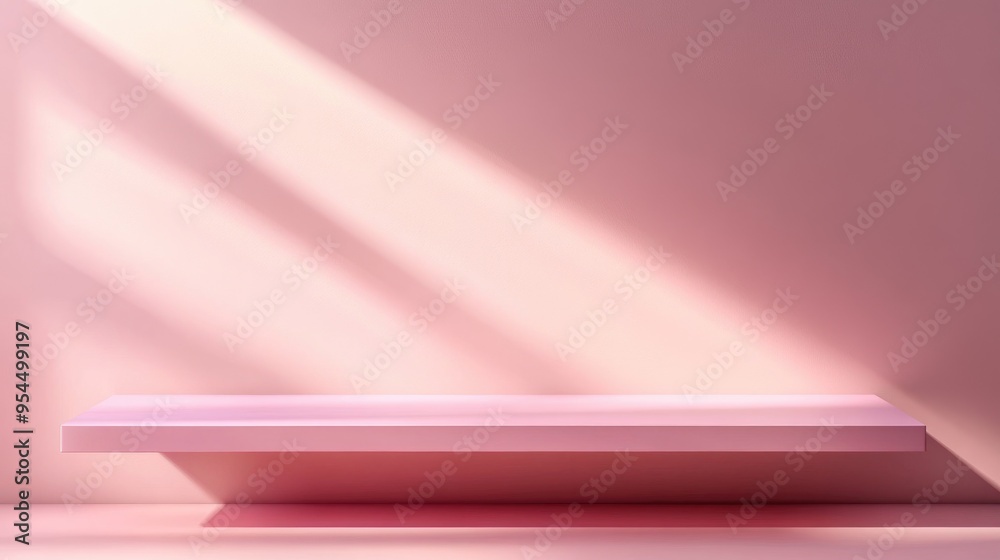 Poster Minimal pink display shelf against a pastel pink wall background creating a shadow effect in a conceptual 3D rendering