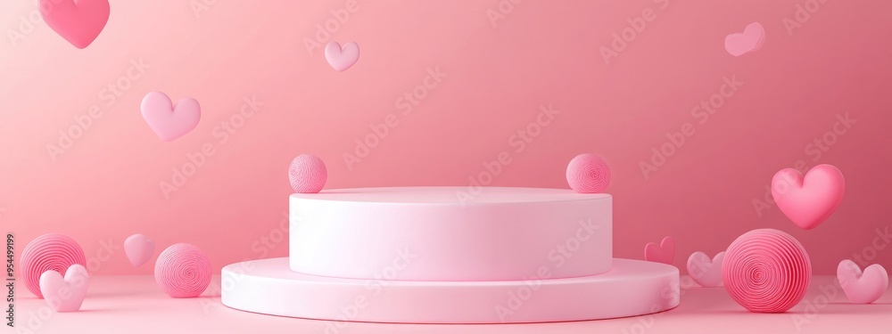 Aufkleber cosmetic product display stand featuring a pink and white round cylinder podium embellished with hea