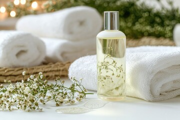 A calming spa setting featuring natural oil, soft towels, and delicate flowers for relaxation and wellness.