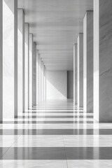 Obraz premium Modern Minimalist Interior with Sunlight Streaming Through Tall Columns and Geometric Patterns