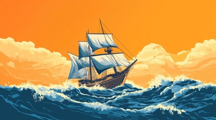 Obraz premium Illustration of a ship sailing on sea waves under a sky backdrop
