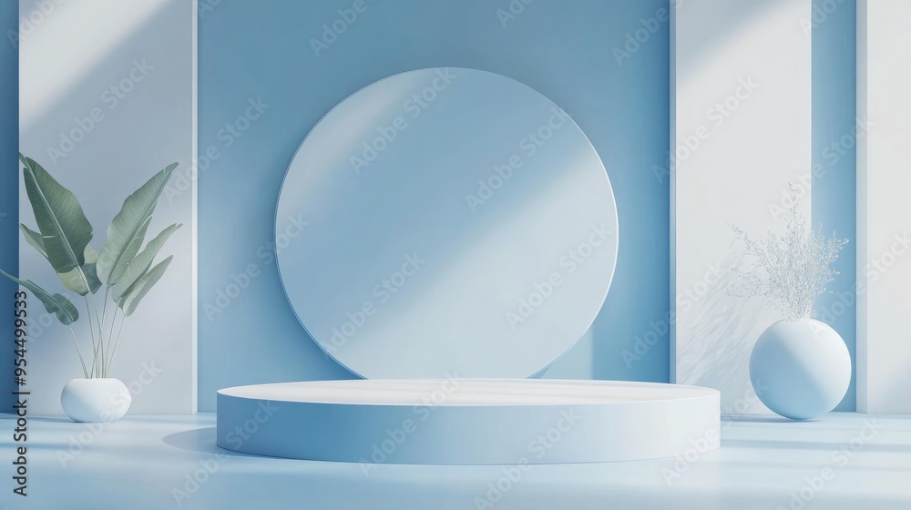 Poster Empty podium surrounded by geometric shapes in a blue composition designed for a modern stage display and minimalist mockup serving as an abstract showcase background 3D illustration concept or 3D