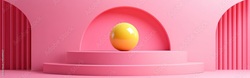 Poster geometric cosmetic display stand with a yellow sphere on a pink background 3d rendering design