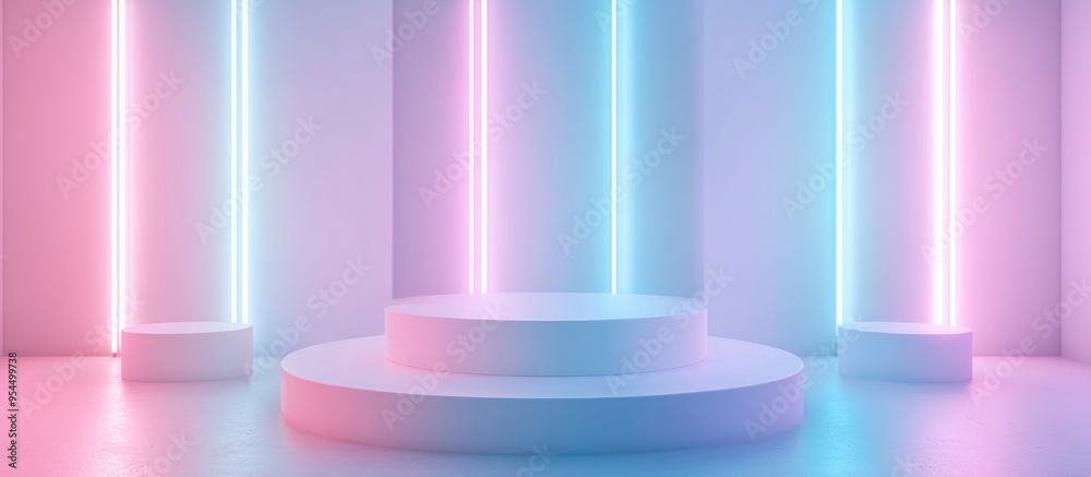 Poster blank product display with neon lights against a pastel blue and white backdrop 3d rendering