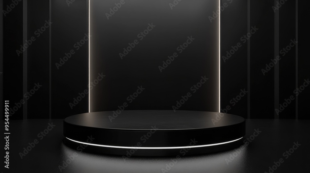 Aufkleber Black podium or pedestal illuminated against a dark backdrop featuring a cylindrical stand Empty product shelf serving as a display background 3D rendering