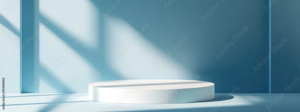 Poster minimalist cosmetic display on light blue background featuring a 3d rendered podium showcasing a whi