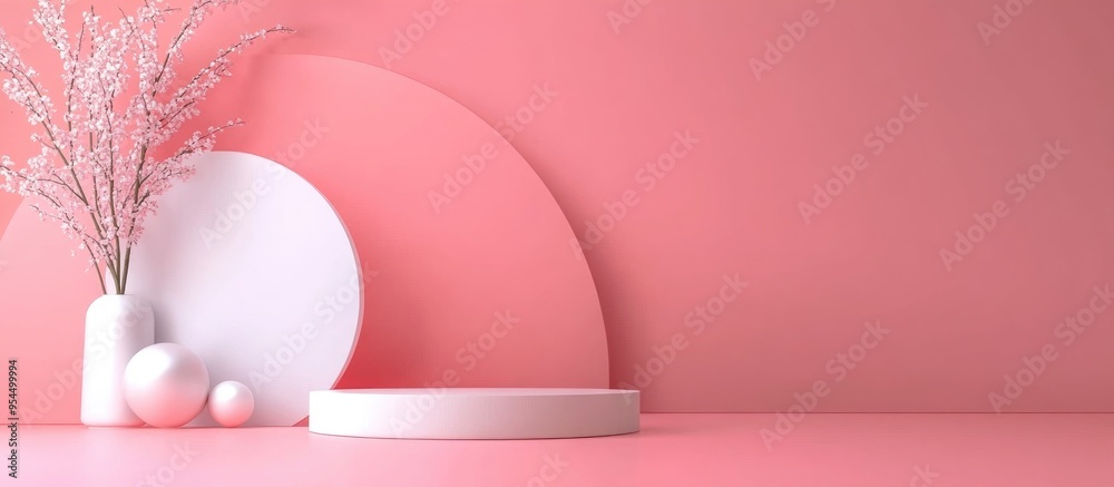Aufkleber Minimalist podium mock up for product display with abstract white geometric shapes and a pink background designed for Valentine s Day featuring 3D rendering