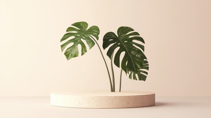 Obraz premium Minimalist display pedestal featuring a monstera leaf 3D rendering