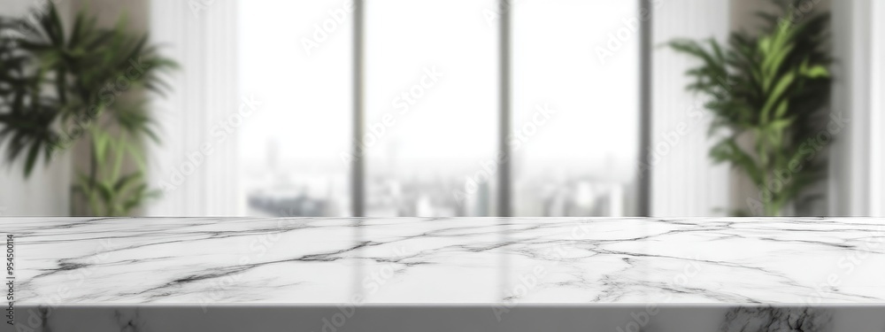 Poster White marble table surface with blurred abstract interior background suitable for product display or montage