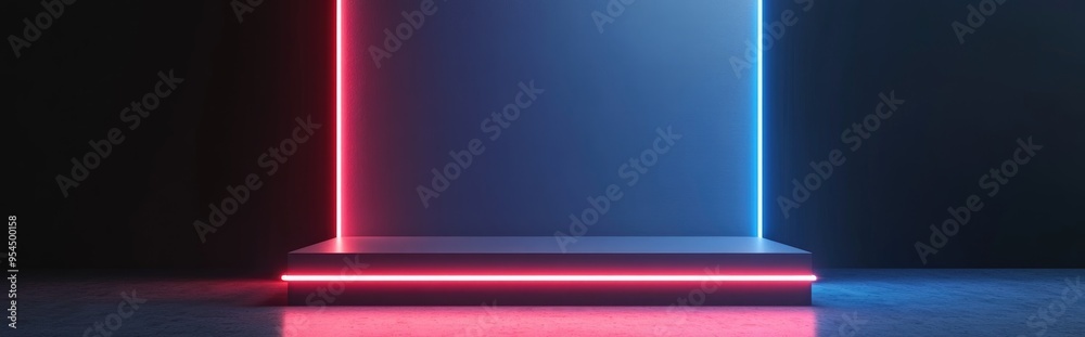 Poster square pedestal with blue neon lights on a gray background 3d rendering
