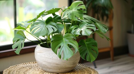 House Plant: A striking house plant in a white ceramic pot, situated by the window. Its expansive green leaves enhance the room with a fresh, natural ambiance.
