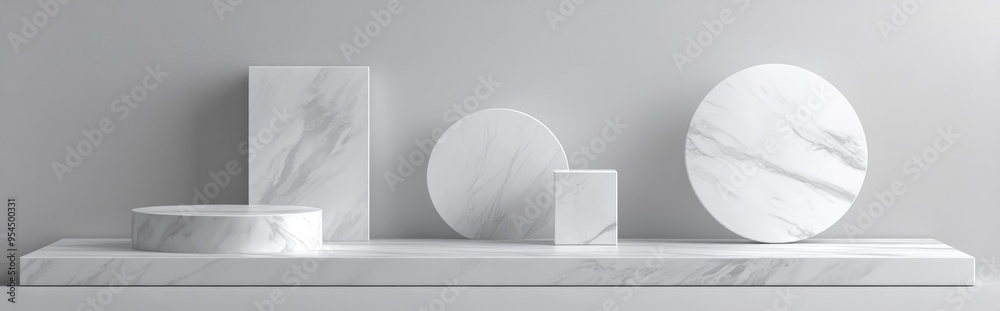 Aufkleber Marble texture geometric shape collection with blank podium shelf 3D rendering