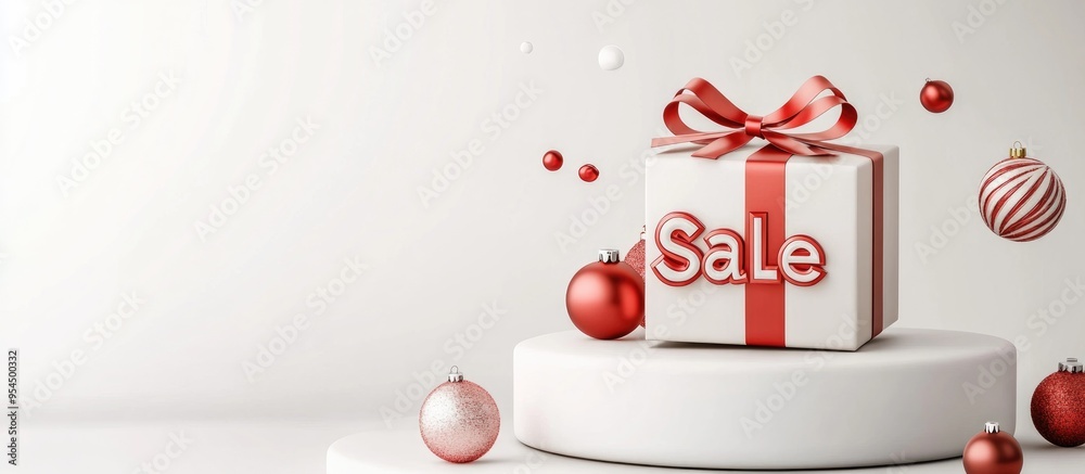 Aufkleber minimalist product display for holiday promotion gift box with sale lettering and ribbon bow on a po