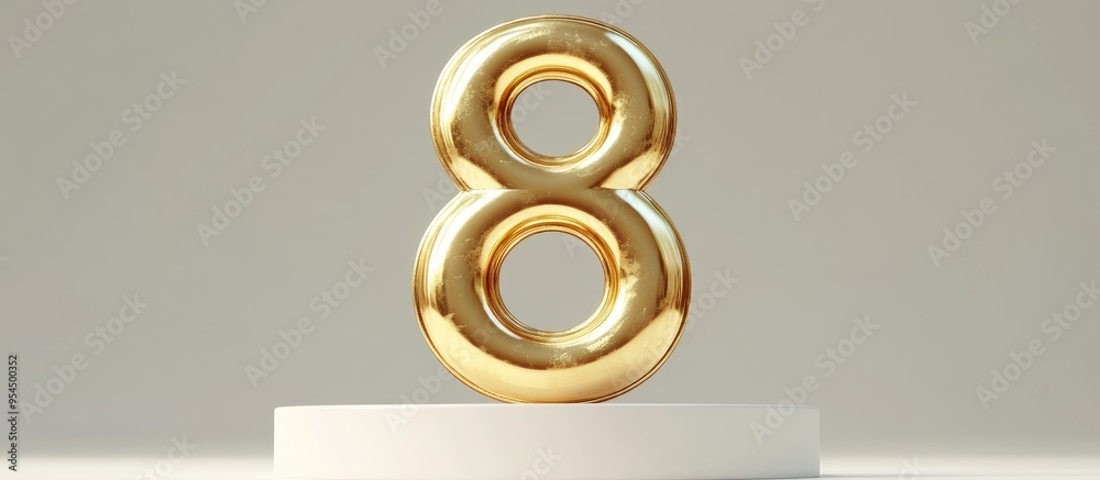 Aufkleber gold number 8 on a podium against a white background 3d rendering