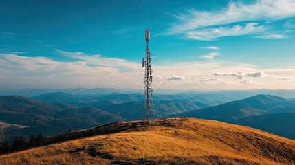 Obraz premium Signal tower antenna standing tall on a mountain hill, surrounded by rural nature with vast landscapes in the background