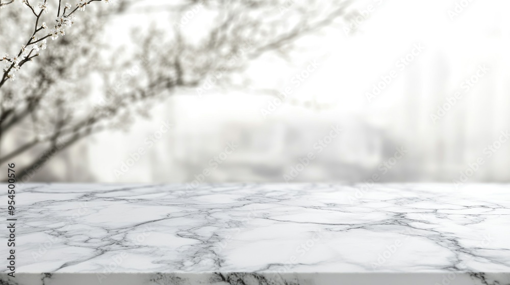 Poster White marble tabletop with a blurred abstract background suitable for product display or montage