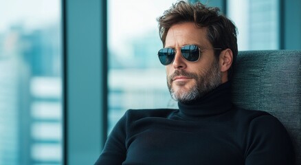 Fototapeta premium Pensive man in sunglasses gazing out window