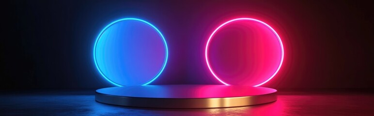 Round podium featuring geometric shapes and gold accents Abstract blank pedestal serving as a display platform 3D rendering