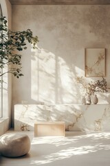 Sunlit Minimalist Interior with Marble Accents and Indoor Plant in Modern Living Space