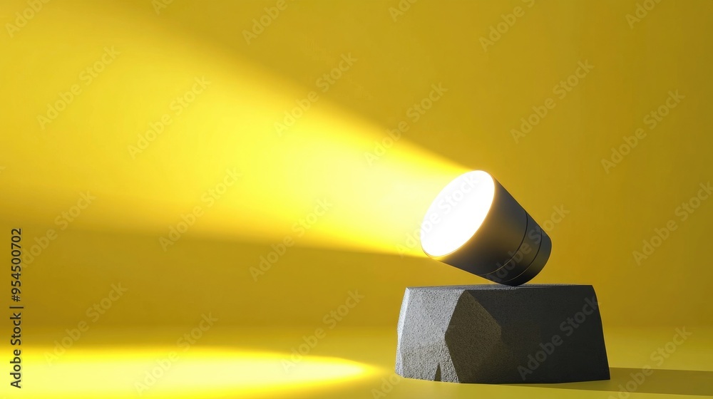 Aufkleber abstract flashlight emitting a polygonal beam onto a podium against a yellow backdrop 3d rendering i