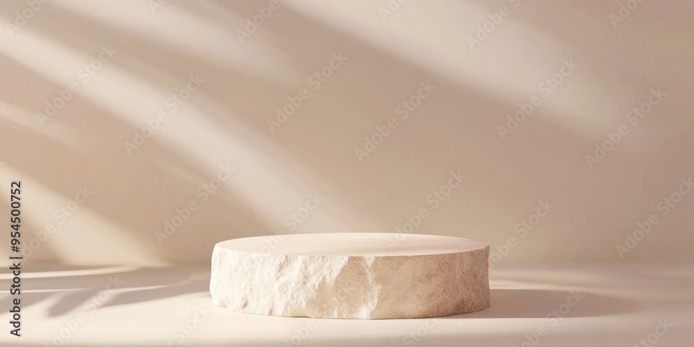 Poster minimalistic premium podium crafted from natural stone set against a beige backdrop featuring sunsha