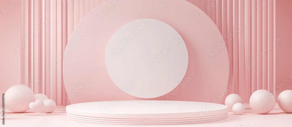 Aufkleber Minimalist podium mock up for product display with abstract white geometric shapes and a pink background designed for Valentine s Day featuring 3D rendering