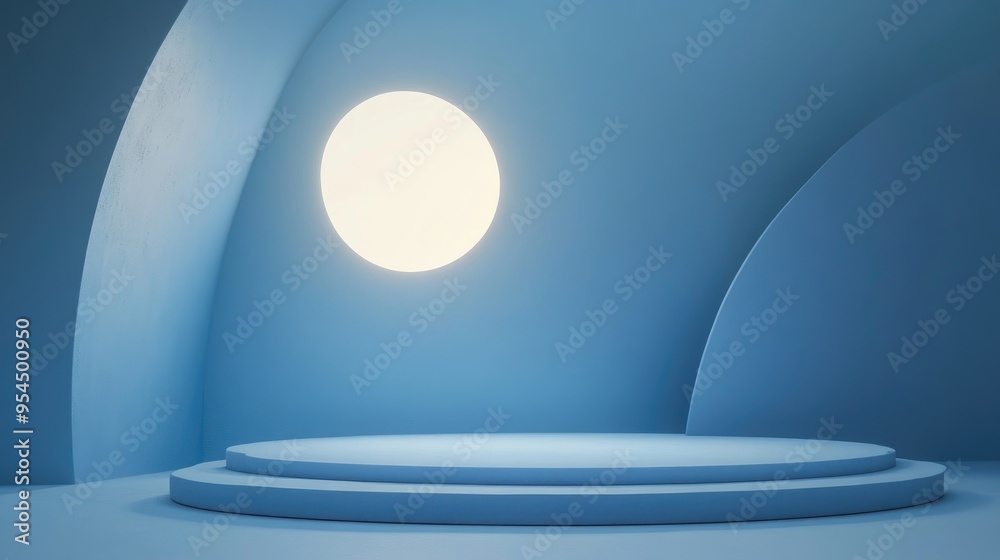 Poster minimalist podium scene with an abstract blue backdrop and geometric shapes 3d rendering