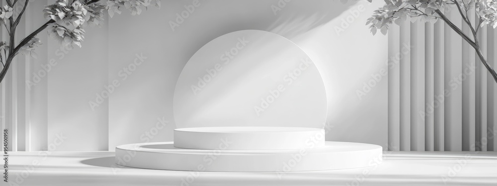 Aufkleber Minimalist white podium for product presentation in a landscape setting created through 3D rendering