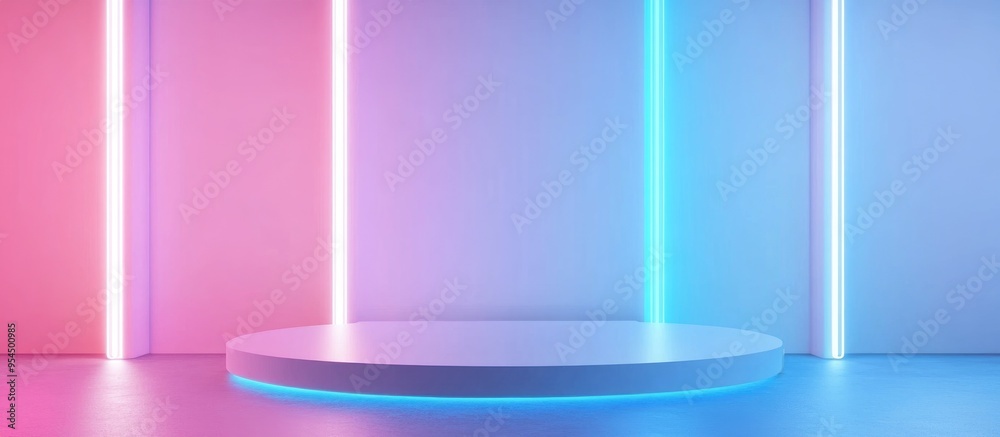 Poster blank product display with neon lights against a pastel blue and white backdrop 3d rendering
