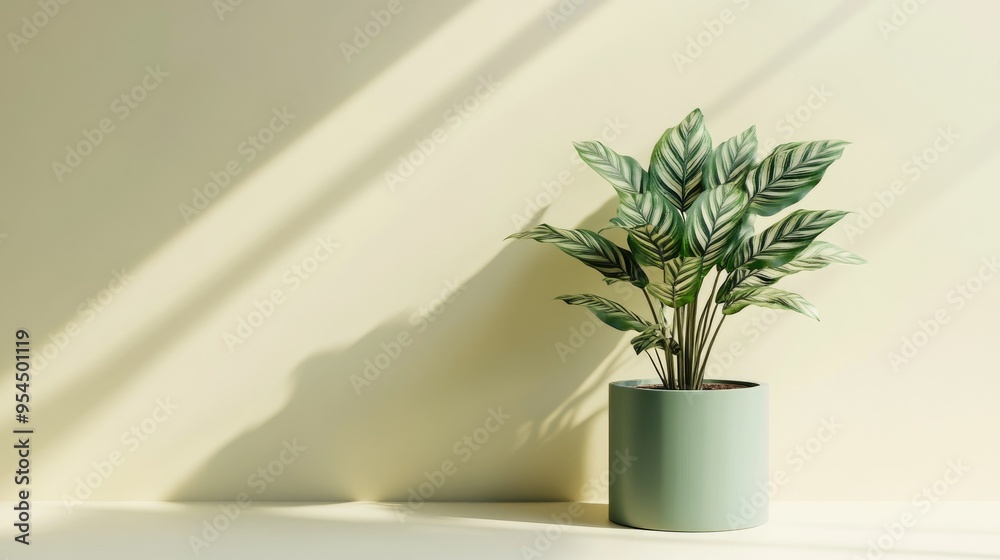 Aufkleber calathea plant on beige wall 3d render of a green cylinder podium in an empty mockup setting