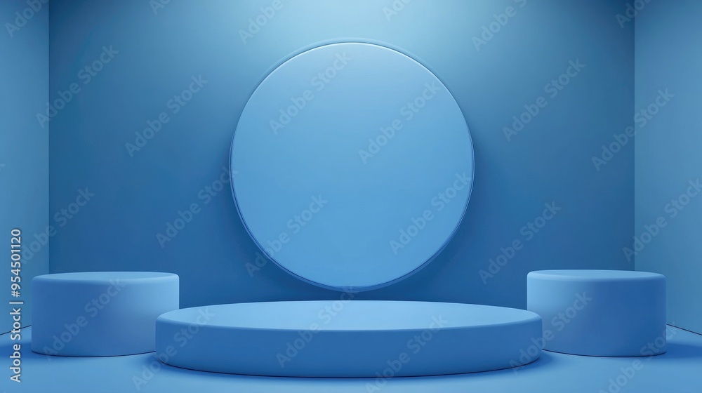 Poster Blue abstract background with 3D scene rendering featuring a mock up podium display for product presentation