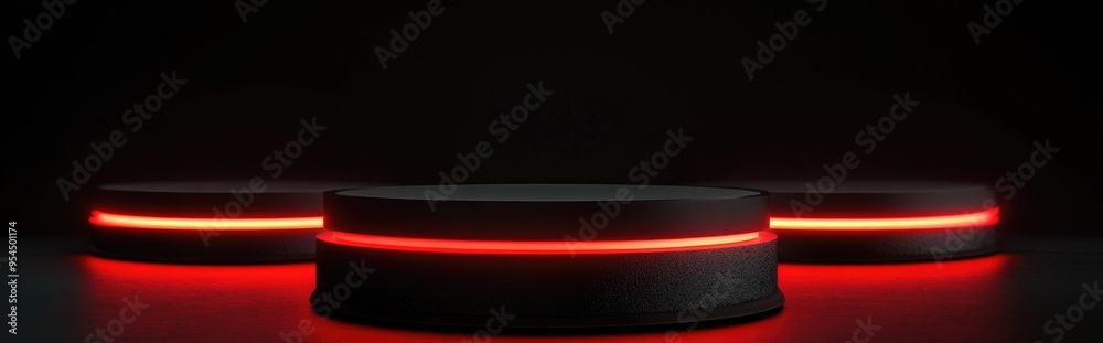 Aufkleber black podium with red light emission on a dark background for advertising display 3d rendering