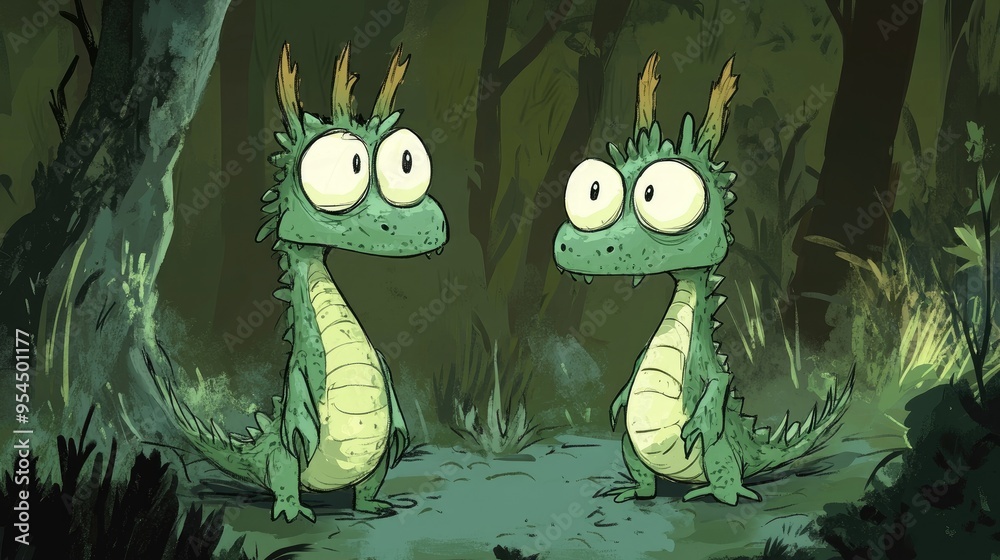 Wall mural two green creatures in a 2d cartoon style featuring one that resembles a dragon