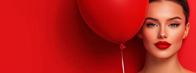 A woman in front of a red backdrop holds a red balloon, her lips boldly painted with red lipstick