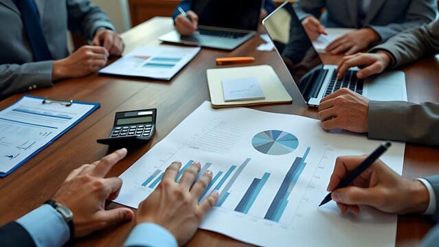 A collaborative meeting featuring professionals analyzing financial reports and data on various devices, illustrating teamwork in business strategy and decision-making.