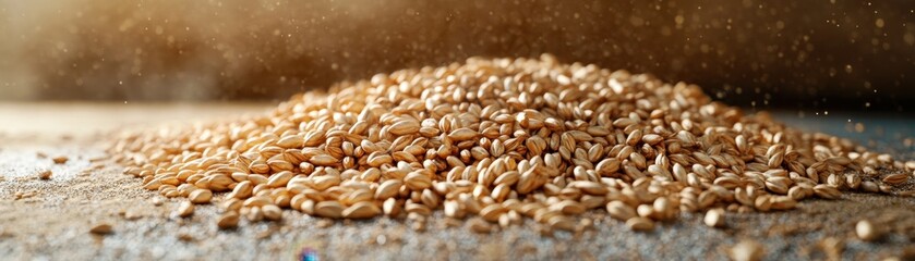Fototapeta premium Close-Up of Golden Wheat Grains on Rustic Surface with Warm Lighting and Dust Particles in the Air