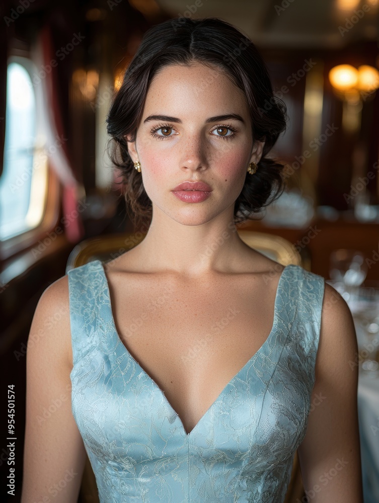 Poster Elegant woman in blue dress posing indoors