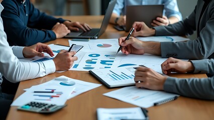 A collaborative meeting featuring professionals analyzing financial reports and data on various devices, illustrating teamwork in business strategy and decision-making.