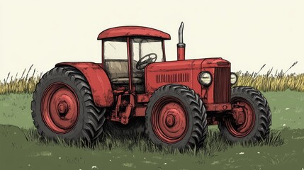 Obraz premium 2D cartoon style artistic digital pen and ink illustration of a vintage tractor from the mid 20th century