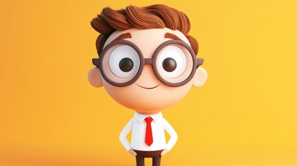 Humorous 2D cartoon character with oversized glasses dressed in a white shirt and red tie showcasing a playful geeky vibe