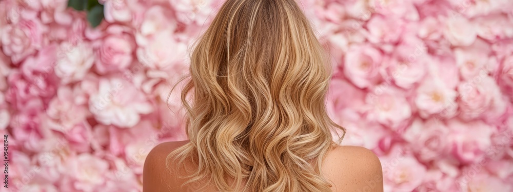 Wall mural  A woman with long blonde hair faces away from the camera, positioned in front of a pink floral wall