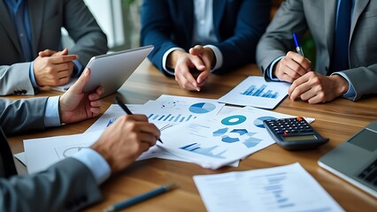 A collaborative meeting featuring professionals analyzing financial reports and data on various devices, illustrating teamwork in business strategy and decision-making.