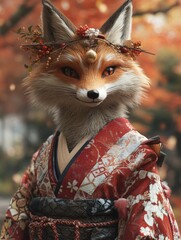 Obraz premium 3D Render Portrait of a female nine tailed fox adorned in a traditional kimono costume