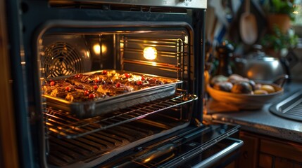 Oven: A cooking appliance used for baking, roasting, and broiling, equipped with several racks, a temperature control dial, and an internal light for tracking cooking progress.
