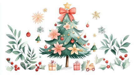 2D cartoon style watercolor illustration featuring a Christmas tree adorned with ornaments flowers leaves toys a bow garland lights bells and snowflakes on a white background