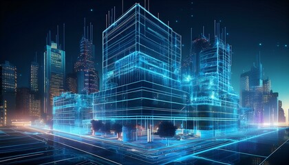 city at night,Futuristic Architectural Design Projection Overlay on City Block Under Construction at Night, Wireframe Hologram Building Visualization,night, city, traffic, road, street, highway, urban