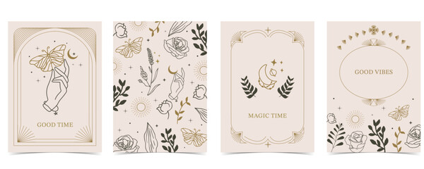 Fototapeta premium Boho invitation card with tarot style and deco frame. Mystic for a4 vertical design
