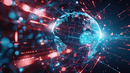 Futuristic globe surrounded by digital graphics and interconnected network in a high tech interface