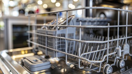 Dishwasher: A machine designed to wash dishes, pots, and utensils automatically. It includes racks for placement and uses spray jets with detergent to ensure thorough cleaning.
