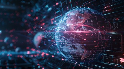 Futuristic globe with illuminated digital graphics and interconnected network technology interface